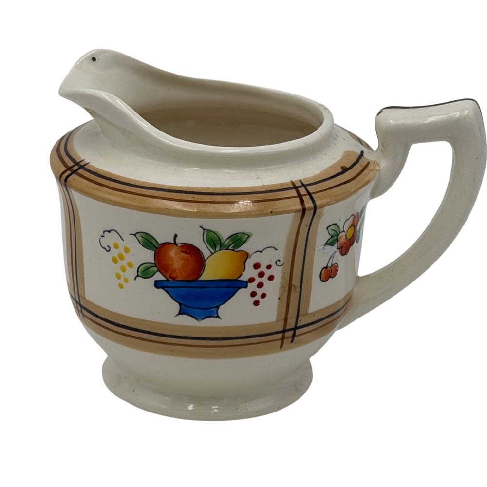 Vtg Japan Ceramic Fruit Floral Plaid Creamer Pitcher Hand Painted Cream
